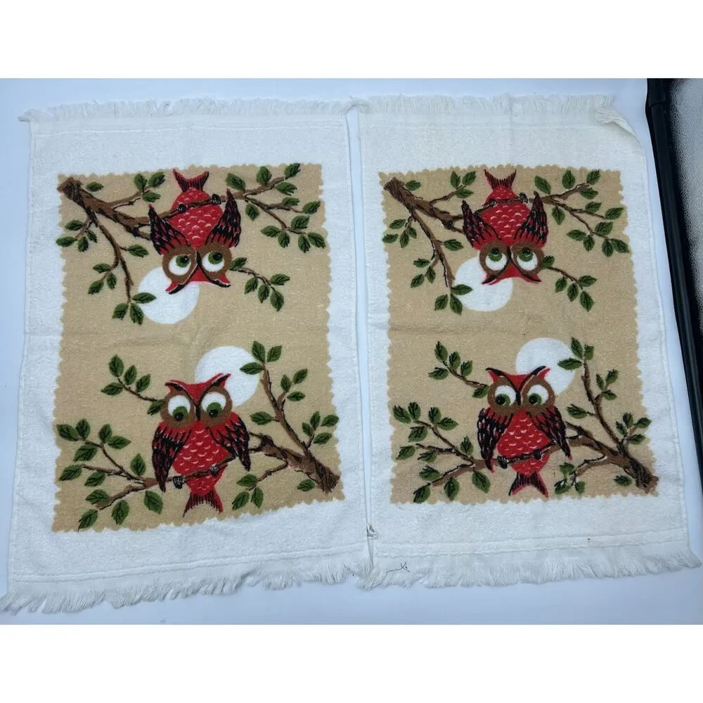 VTG 70s Kitchen Towel 17 pc Lot Mushroom Owl Retro Vegetable Linens Fabric Flaw
